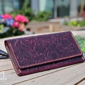 Leather Long Wallet, Women Wallets, Purple Wallet, Leather Carved Wallet, Handmade Long Wallet, Anniversary Gifts For Her, Gifts For Moms