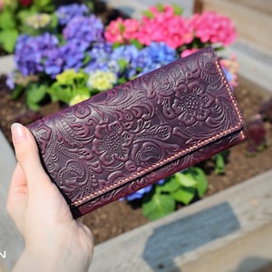 Carved Long Wallet, Women Wallets, Handmade Long Wallet, Phone Wallet, Leather Long Wallet, Purple Wallet, Boho Wallet, Gift For Girlfriend