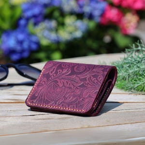 Leather Carved Wallet, Womens Wallet, Minimalist Hippie Wallet, Leather Handmade Wallet, Gift For Her, Carved Wallet, Purple Wallet, Compact