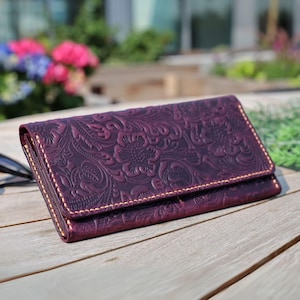 Leather Long Wallet, Women Wallets, Purple Wallet, Leather Carved Wallet, Handmade Long Wallet, Anniversary Gifts For Her, Gifts For Moms