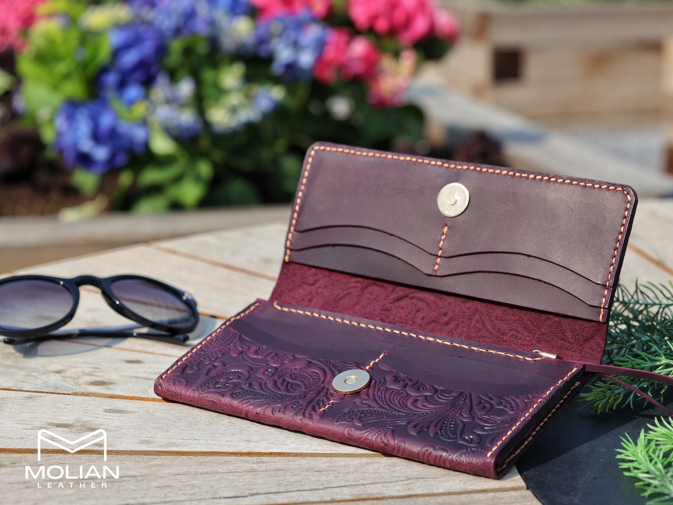 Leather Long Wallet, Women Wallets, Purple Wallet, Leather Carved