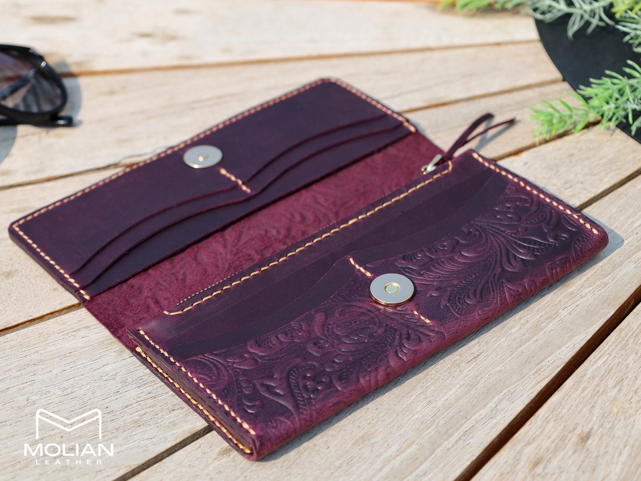 Leather Long Wallet, Women Wallets, Purple Wallet, Leather Carved