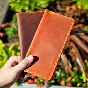 Cartera larga de cuero hecha a mano: billetera delgada plegable para hombre, de cuero marrón, con bolsillo para teléfono, billetera minimalista cosida a mano, regalo para papá y para él.