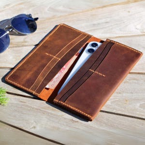 Cartera larga de cuero hecha a mano: cartera delgada plegable para hombre, cuero marrón, bolsillo para teléfono, minimalista, vintage, regalo para él, aniversario