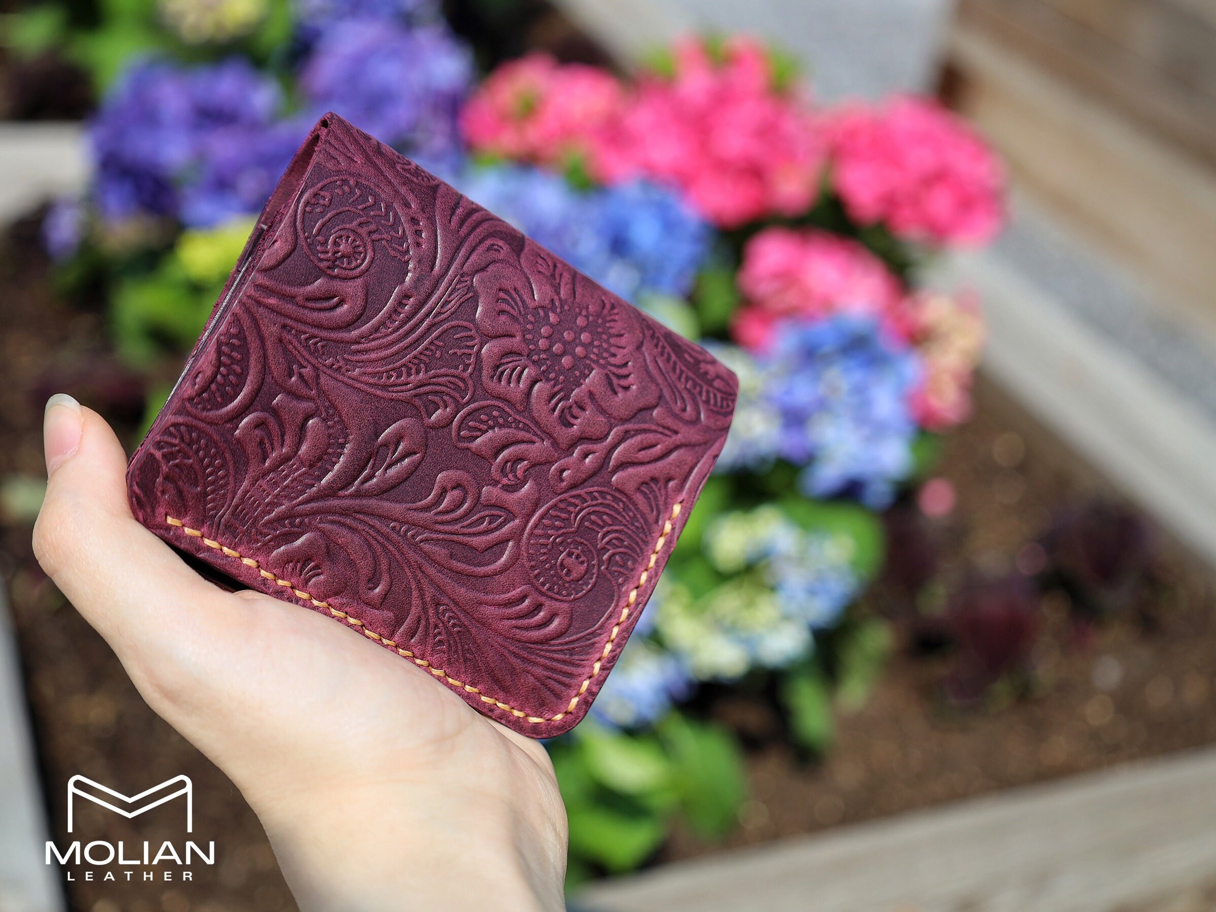Carved Wallet, Women Wallets, Purple Wallet, Leather Wallet, Handmade