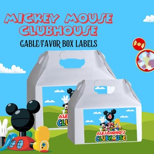 May include: White gable boxes with Mickey Mouse Clubhouse labels, set against a blue sky background. The boxes feature a handle and a colorful design with Mickey Mouse and friends. The image includes the text "Mickey Mouse Clubhouse" and "Gable/Favor Box Labels".