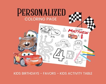 May include: A personalized coloring page with the text "PERSONALIZED COLORING PAGE" and "KIDS BIRTHDAYS - FAVORS - KIDS ACTIVITY TABLE". The page features illustrations of cartoon cars, a maze, and the text "KA-CHOW! MATTHEW IS 4". Colored pencils and checkered flags are also included.