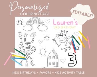 Peut inclure: Une page de coloriage personnalisée pour un 3e anniversaire, avec un cochon de dessin animé avec une couronne et une baguette magique, un arc-en-ciel, des étoiles et un labyrinthe. Le texte dit "Lauren's 3rd Birthday". Inclut des crayons.