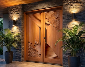Puertas dobles de madera talladas a mano con diseño de pájaros. Puertas de entrada rústicas de madera maciza.