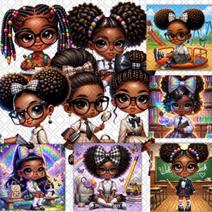 May include: A collage of cartoon illustrations of Black girls wearing glasses, bows, and school uniforms. Some are holding school supplies, while others are in a classroom or playground setting. The illustrations have a vibrant and colorful aesthetic.