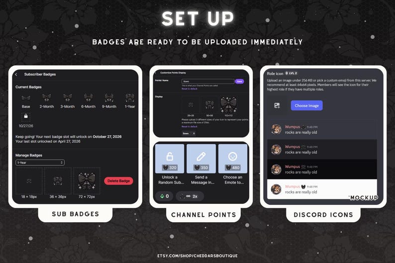 Insignias de suscriptor con lazo negro / Paquete de recursos para roles de Discord góticos e iconos de Twitch imagen 3