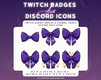 Insignias de suscriptor con lazo morado / Icono de rol brillante para Discord y paquete de recursos para transmisiones de Twitch
