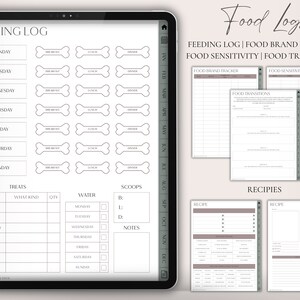 Op de afbeelding: Een printbare digitale planner voor het bijhouden van huisdiereten, traktaties, water en scheppen. De planner bevat secties voor het voedingslogboek, de tracker voor voedselmerken, voedselgevoeligheid, voedseltransities en recepten. De planner is ontworpen met een minimalistische esthetiek en heeft een grijs en wit kleurenschema.