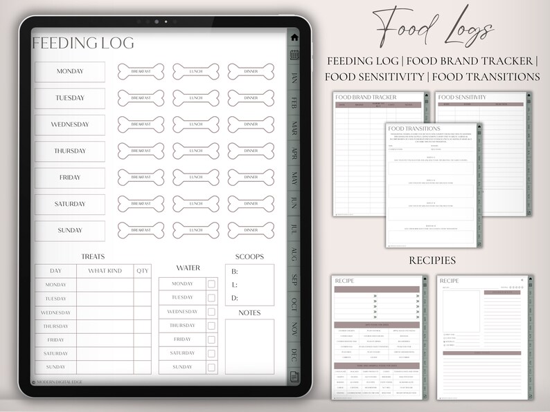 Op de afbeelding: Een printbare digitale planner voor het bijhouden van huisdiereten, traktaties, water en scheppen. De planner bevat secties voor het voedingslogboek, de tracker voor voedselmerken, voedselgevoeligheid, voedseltransities en recepten. De planner is ontworpen met een minimalistische esthetiek en heeft een grijs en wit kleurenschema.