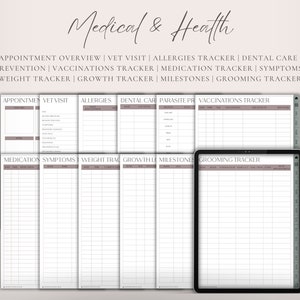 Op de afbeelding: Een set printbare huisdier medische trackers, inclusief afspraakoverzicht, dierenartsbezoek, allergie&euml;n, tandheelkundige zorg, parasietenpreventie, vaccinaties, medicijnen, symptomen, gewicht, groei, mijlpalen en verzorging. De trackers zijn in digitaal formaat en kunnen worden afgedrukt op een tablet.