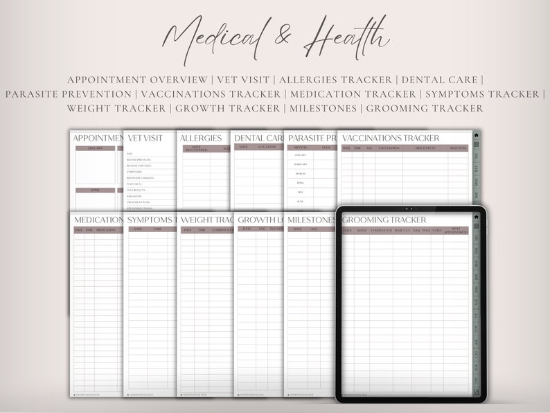 Op de afbeelding: Een set printbare huisdier medische trackers, inclusief afspraakoverzicht, dierenartsbezoek, allergie&euml;n, tandheelkundige zorg, parasietenpreventie, vaccinaties, medicijnen, symptomen, gewicht, groei, mijlpalen en verzorging. De trackers zijn in digitaal formaat en kunnen worden afgedrukt op een tablet.