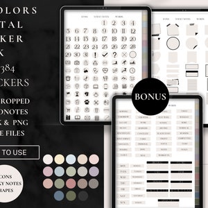 Op de afbeelding: Een digitaal stickerboek met 18 kleuren, 3.384 stickers en voorgecropte Goodnotes-boek- en PNG-bestanden. De stickers omvatten pictogrammen, plakbriefjes, vormen, nummers en kalenderelementen. De kleuren omvatten tinten roze, groen, blauw en grijs.