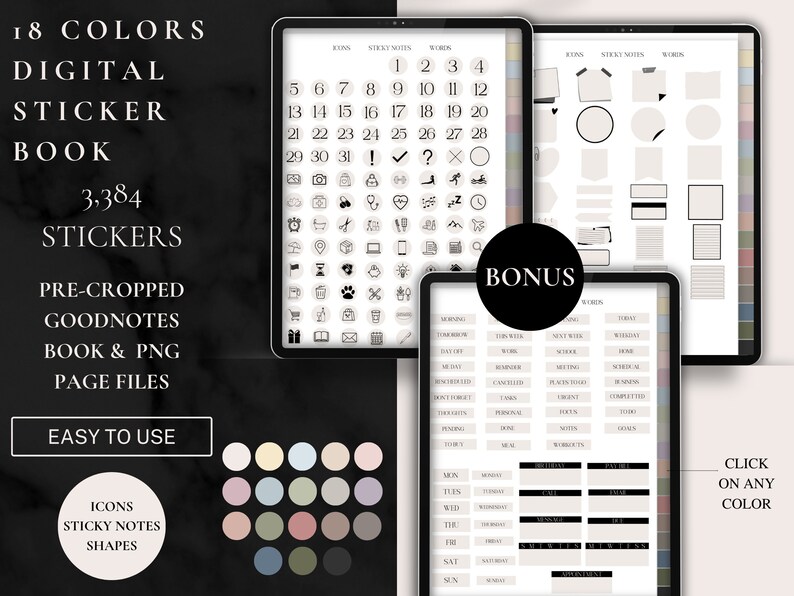 Op de afbeelding: Een digitaal stickerboek met 18 kleuren, 3.384 stickers en voorgecropte Goodnotes-boek- en PNG-bestanden. De stickers omvatten pictogrammen, plakbriefjes, vormen, nummers en kalenderelementen. De kleuren omvatten tinten roze, groen, blauw en grijs.