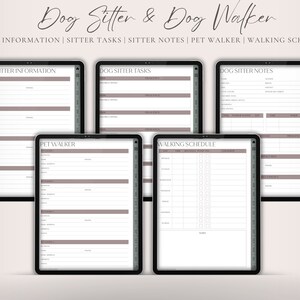 Op de afbeelding: Printbare digitale planner voor hondenoppas en hondenuitlaatservices. De planner bevat secties voor oppas-informatie, taken, notities, informatie over de hondenuitlaatservice en een uitlaatschema.