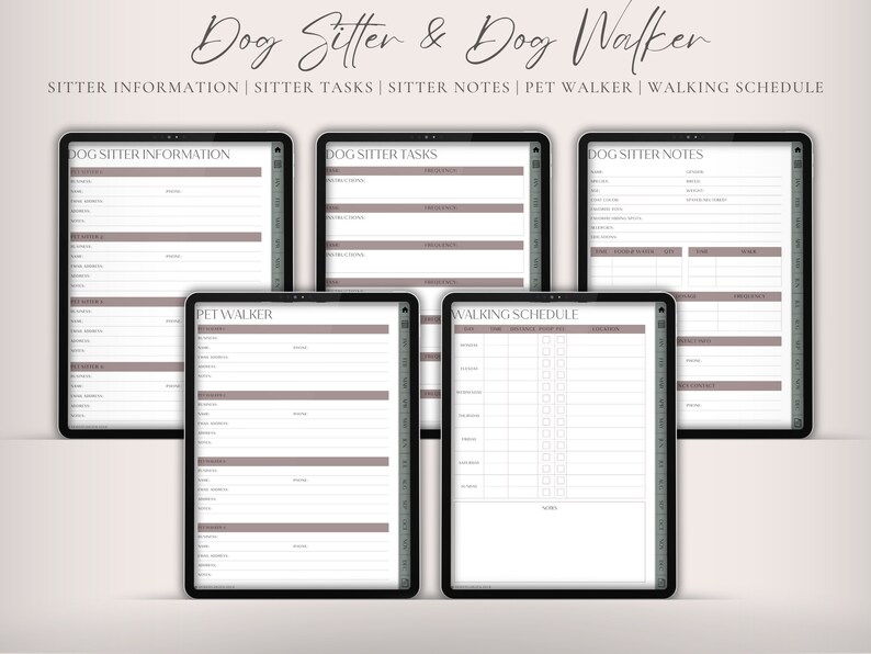 Op de afbeelding: Printbare digitale planner voor hondenoppas en hondenuitlaatservices. De planner bevat secties voor oppas-informatie, taken, notities, informatie over de hondenuitlaatservice en een uitlaatschema.