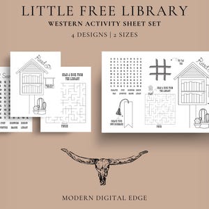 May include: A Western-themed activity sheet set with four designs and two sizes. The set includes word searches, mazes, and a bookmark design. The image features a Little Free Library theme with illustrations of a cactus and a steer skull.