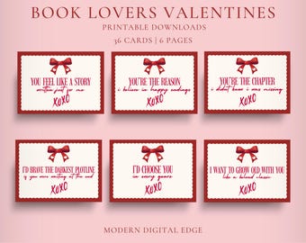 Tarjetas de San Valentín con temática de libros para imprimir, tarjetas para amantes de los libros, tarjetas literarias para el Día de Galentine para amantes de los libros y regalos para clubes de lectura, colección de San Valentín.