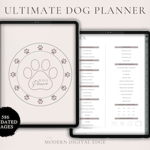 Puede incluir: Un planificador digital para dueños de perros con un fondo gris claro y un diseño de huella de pata. El planificador incluye secciones para información del perro, entrenamiento del perro, información del cuidador del perro, comida, gastos, salud médica y más. El planificador tiene 586 páginas sin fecha.