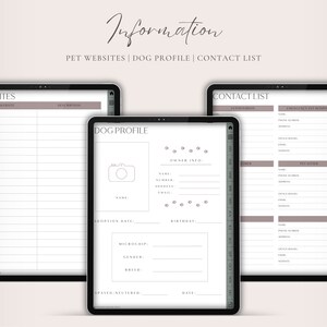 Op de afbeelding: Een afdrukbare digitale plannerpagina met secties voor huisdierwebsites, een hondenprofiel en een contactenlijst. De sectie hondenprofiel bevat ruimte voor een foto, informatie over de eigenaar, de adoptiedatum, het microchipnummer, het geslacht, het ras, gecastreerd/gesteriliseerd en de verjaardag. De sectie contactenlijst bevat ruimte voor informatie over de dierenarts en de spoeddierenarts.