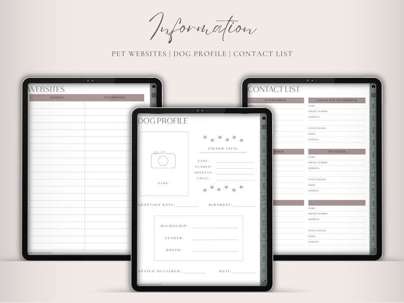 Op de afbeelding: Een afdrukbare digitale plannerpagina met secties voor huisdierwebsites, een hondenprofiel en een contactenlijst. De sectie hondenprofiel bevat ruimte voor een foto, informatie over de eigenaar, de adoptiedatum, het microchipnummer, het geslacht, het ras, gecastreerd/gesteriliseerd en de verjaardag. De sectie contactenlijst bevat ruimte voor informatie over de dierenarts en de spoeddierenarts.