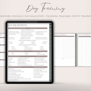 Op de afbeelding: Een printbare hondentrainer met secties voor gedragsverandering, socialisatie, trainingsschema en zindelijkheidstraining. De planner heeft een lichtgrijze achtergrond met donkergrijze tekst en lijnen.