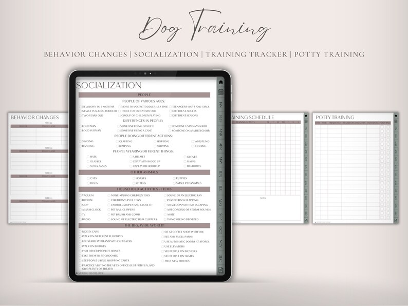 Op de afbeelding: Een printbare hondentrainer met secties voor gedragsverandering, socialisatie, trainingsschema en zindelijkheidstraining. De planner heeft een lichtgrijze achtergrond met donkergrijze tekst en lijnen.