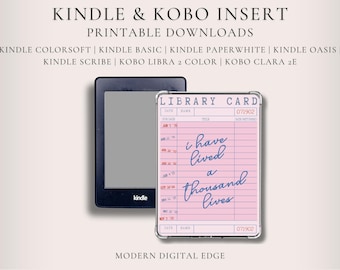 Inserto imprimible para Kindle y Kobo para fundas transparentes con una estética de tarjeta de biblioteca de color rosa femenino y una cita literaria.