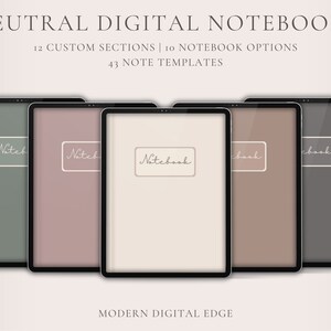 May include: Five digital notebook covers displayed on a tablet screen. The covers are in various neutral colors, including green, pink, beige, brown, and gray. Each cover has a white rectangle with the word "Notebook" written in cursive.