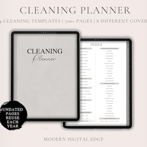 Peut inclure: Un planificateur de nettoyage numérique avec un fond gris et le texte "CLEANING Planner" en noir. Le planificateur a une page d'index et n'est pas daté, il peut donc être réutilisé chaque année.