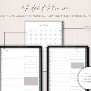 Op de afbeelding: Een digitale planner sjabloon met een maandelijkse kalender, een weekplanner en een dagplanner. De planner is niet gedateerd, zodat deze jaar na jaar kan worden gebruikt. De planner is ontworpen om u te helpen gemakkelijk te navigeren tussen maandelijkse, dagelijkse en wekelijkse planner sjablonen.