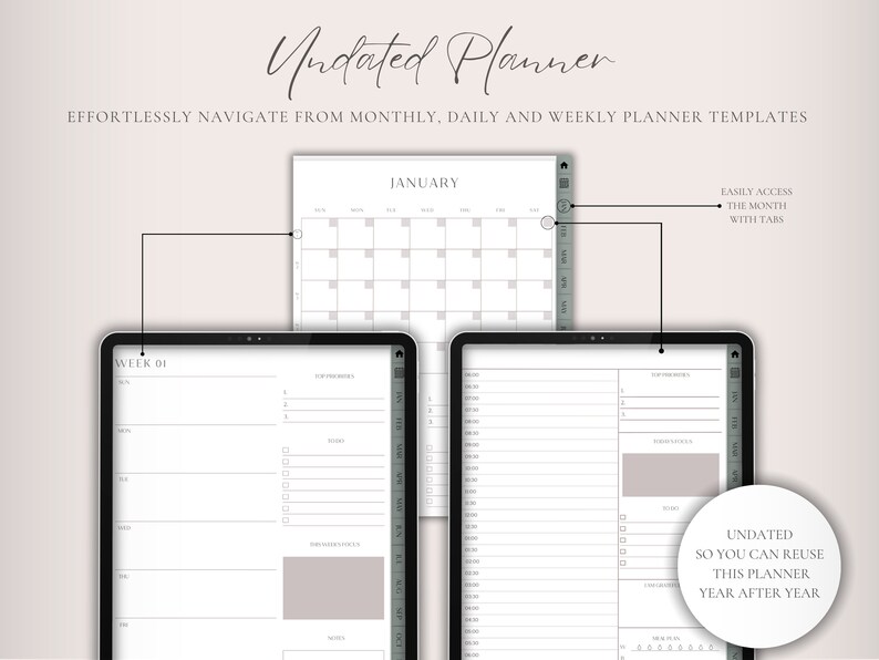 Op de afbeelding: Een digitale planner sjabloon met een maandelijkse kalender, een weekplanner en een dagplanner. De planner is niet gedateerd, zodat deze jaar na jaar kan worden gebruikt. De planner is ontworpen om u te helpen gemakkelijk te navigeren tussen maandelijkse, dagelijkse en wekelijkse planner sjablonen.