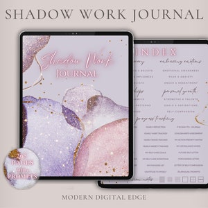 Puede incluir: Un diario digital con un fondo abstracto morado y rosa con purpurina dorada. El diario se titula "Shadow Work Journal" y tiene un índice con temas como "abrazar las emociones", "crecimiento personal" y "seguimiento del progreso".