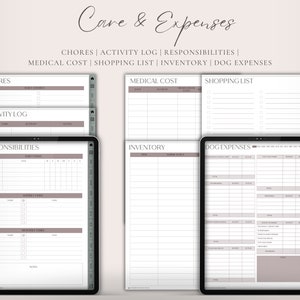 Op de afbeelding: Een digitale planner met pagina's voor klusjes, activiteitenlogboek, verantwoordelijkheden, medische kosten, boodschappenlijst, inventaris en hondenkosten. De pagina's zijn wit met grijze lijnen en een lichtbruine kop.