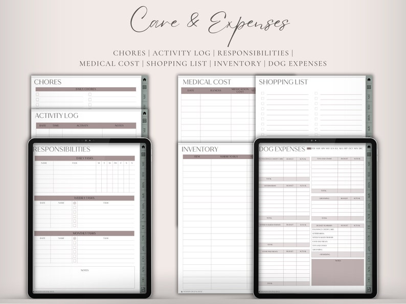 Op de afbeelding: Een digitale planner met pagina's voor klusjes, activiteitenlogboek, verantwoordelijkheden, medische kosten, boodschappenlijst, inventaris en hondenkosten. De pagina's zijn wit met grijze lijnen en een lichtbruine kop.