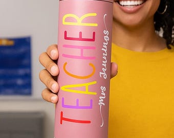 Personalized Teacher Tumbler: Neon Chalkboard Design, 20oz Stainless Steel