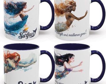 Mermaid Mug Set of 4: Inspirational Watercolor Art, Ocean Lover Gift