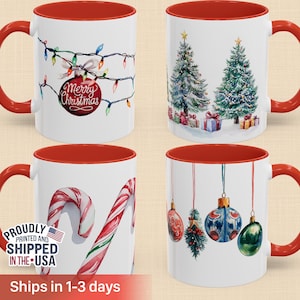May include: Four white ceramic mugs with red interiors and handles. Each mug features a different Christmas-themed design: string lights, Christmas trees, candy canes, and ornaments. The mugs are printed and shipped in the USA.