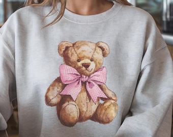 Vintage Teddy Bear Sweatshirt: Watercolor Bear with Gingham Bow