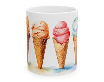 Watercolor Ice Cream Cone Coffee Mug - Summertime Ceramic Mug 11oz