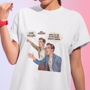 Worst Quality Camera UFO T-Shirt Funny Alien Sighting Tee Blurry UFO Photo Joke Sci-Fi Conspiracy Humor Shirt Black White Red Navy image 2