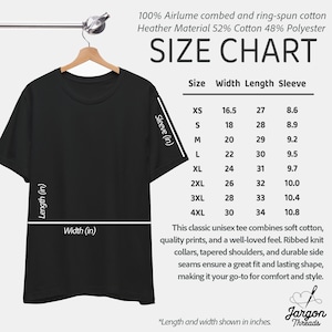 May include: Size chart for a unisex t-shirt made of 52% cotton and 48% polyester. The chart shows the width, length, and sleeve length in inches for sizes XS to 4XL.