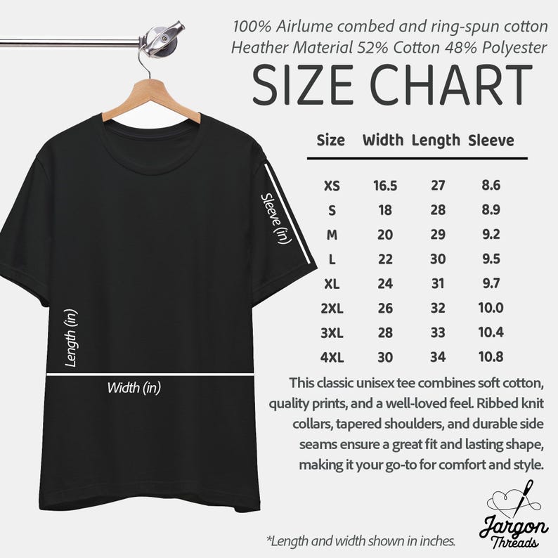 May include: Size chart for a unisex t-shirt made of 52% cotton and 48% polyester. The chart shows the width, length, and sleeve length in inches for sizes XS to 4XL.