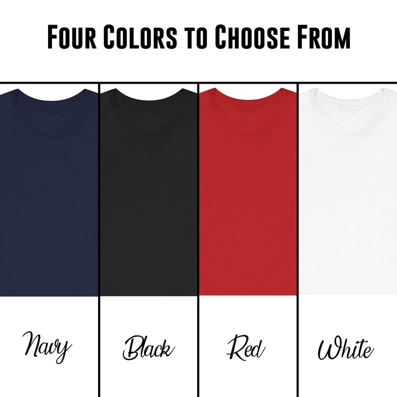 May include: Four t-shirts in different colors: navy, black, red, and white.  The shirts are displayed on a white background.