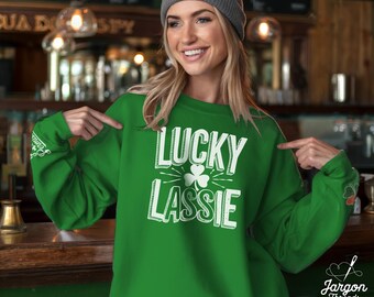 St Patricks Day Lucky Lassie Sweatshirt for women White and Green Irish Top, Shamrock Clothing, Saint Paddy's Day Apparel