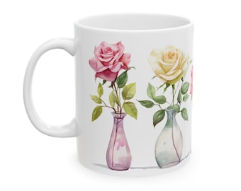 Watercolor Roses Ceramic Coffee Mug: Floral Kitchen Decor
